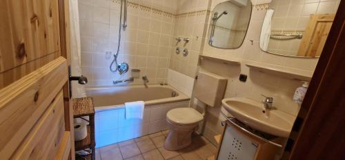 a bathroom with a tub and a toilet and a sink at ciao-aschau Gschwendtnerhof Ap16 Bunk in Aschau