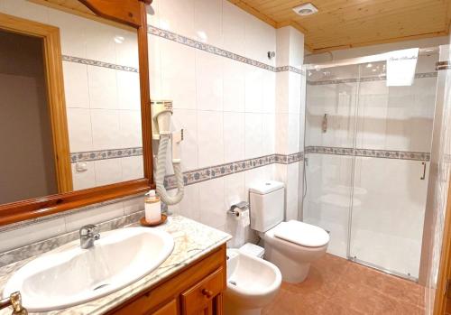 y baño con lavabo, aseo y ducha. en Apartamentos Casa Aurelia, en Alquézar