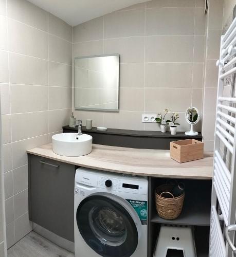 une salle de bain avec une machine à laver et un lavabo dans l'établissement Charmante maison de Ville , 4 personnes , LES HERBIERS, aux Herbiers