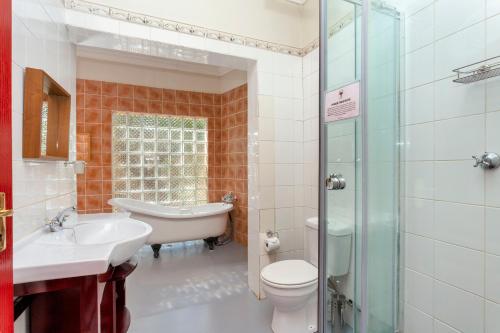 een badkamer met een wastafel, een toilet en een douche bij Teak Place Guest Rooms in Krugersdorp