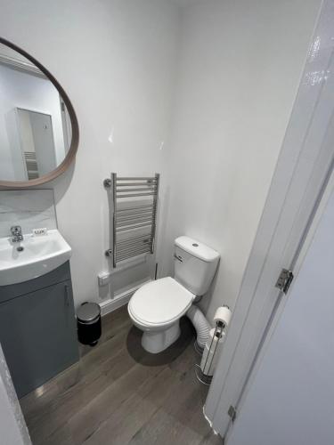 ein Badezimmer mit einem WC, einem Waschbecken und einem Spiegel in der Unterkunft Corner Stone House - Apartment 1 in Great Yarmouth