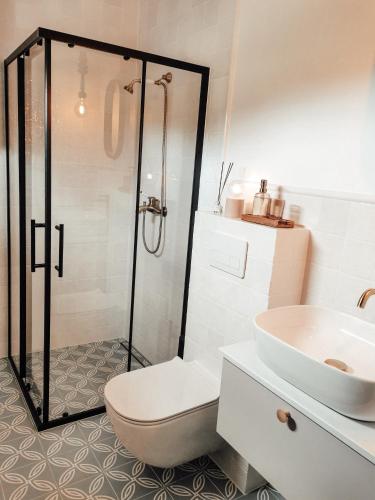 a bathroom with a shower and a toilet and a sink at Poilsio nameliai - B E L A I K O in Kretinga