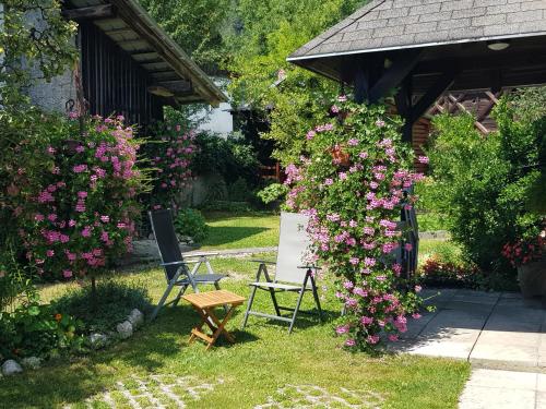 a garden with pink flowers and a table and chairs at Apartments Gregorc in Bled