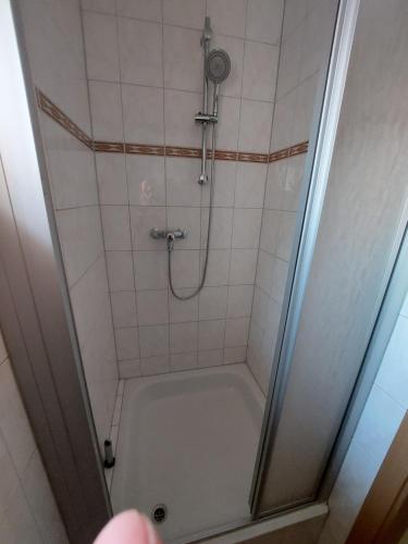 a bathroom with a shower with a tub at Gästewohnung Vesta in Bad Dürrenberg