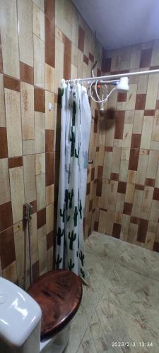 a bathroom with a toilet and a shower curtain at EL DORADO POUSADA in Barcelos