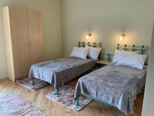 two beds in a room with two pillows at Гостьовий двір РіОНІ in Truskavets
