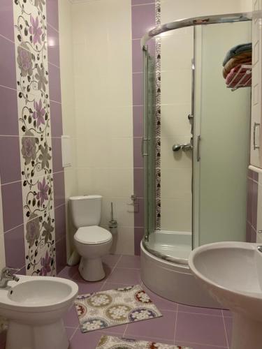 a bathroom with a shower and a toilet and a sink at Гостьовий двір РіОНІ in Truskavets