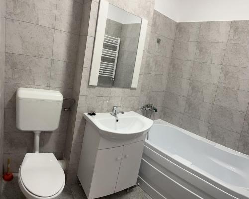 La salle de bains est pourvue de toilettes, d'un lavabo et d'une baignoire. dans l'établissement Nova Residence Leordeni, à Popeşti-Leordeni
