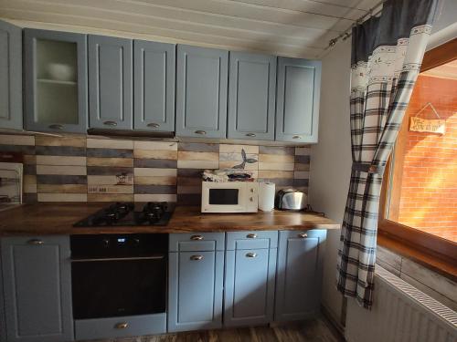 a kitchen with blue cabinets and a microwave at SEZATOAREA LUPILOR in Lepşa