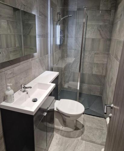 a bathroom with a toilet and a sink and a shower at Apartment in Uppermill in Saddleworth