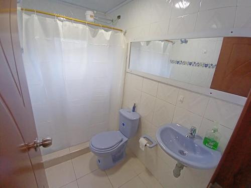 a bathroom with a blue toilet and a sink at ApartaHotel Monguí in Monguí