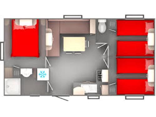 a floor plan of a room with red walls at Camping de Pujol - Chalets - Argeles sur Mer - Lotus - 6P in Argelès-sur-Mer