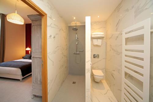 ein Bad mit einer Dusche und einem WC in einem Zimmer in der Unterkunft Domaine d'En Fargou in Saint-Sulpice