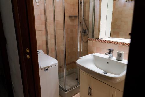 La salle de bains est pourvue d'un lavabo et d'une douche. dans l'établissement Juliet Deluxe Apartment, à Vérone