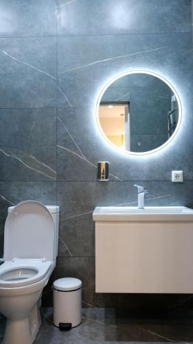 a bathroom with a toilet and a sink and a mirror at Apple Hostel Bishkek in Bishkek