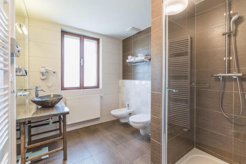 a bathroom with a shower and a toilet and a sink at Wellness & spa hotel Augustiniánský dům in Luhačovice