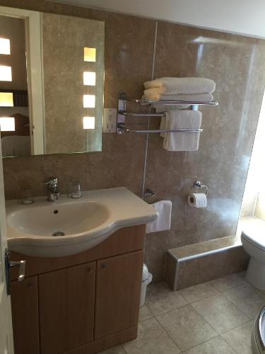 a bathroom with a sink and a toilet and a mirror at Roseneath Guest House in Inverness