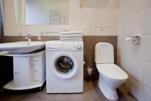 a bathroom with a washing machine and a toilet at Apartments Nevsky 150 in Saint Petersburg