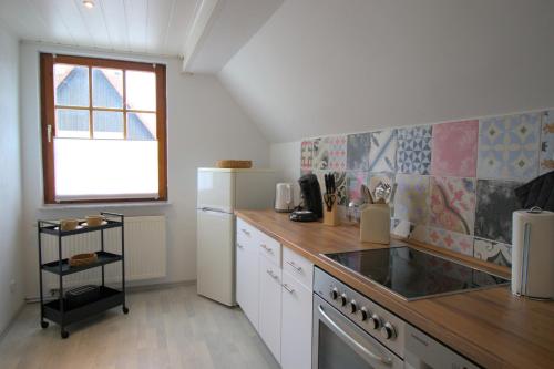 cocina con encimera, fregadero y ventana en Idyllisches Wohnen in grüner Oase, en Griesheim