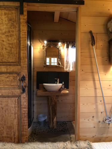 un bagno con lavandino in una cabina di legno di La Cabane du Trappeur a Ore