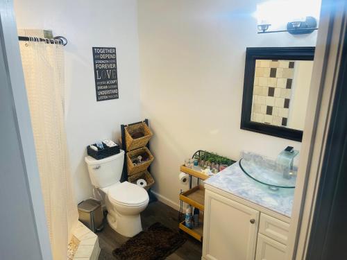La salle de bains est pourvue de toilettes et d'un lavabo. dans l'établissement Serenity home, à La Place