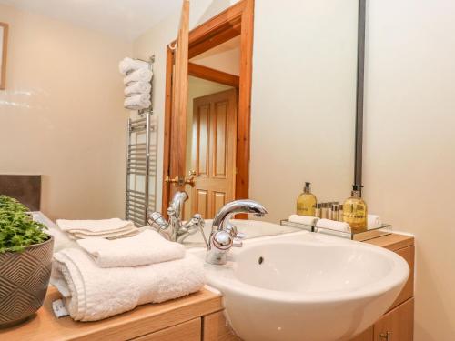 y baño con lavabo blanco y espejo. en Grey Craig Cottage, en Lockerbie