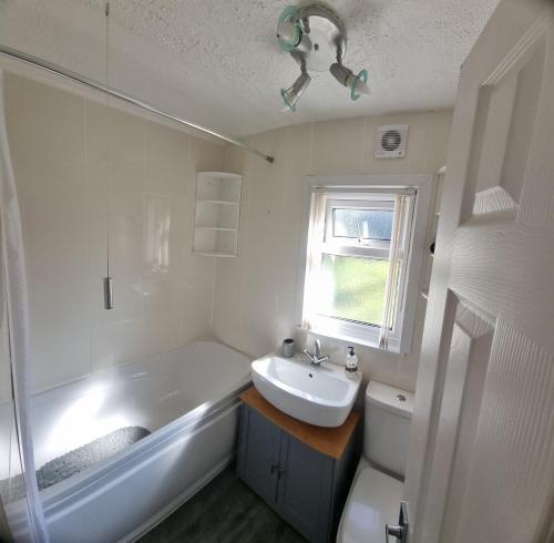a bathroom with a sink and a tub and a toilet at Watkin - Snowdon Cabins Dog friendly holiday let - Caernarfon in Caeathro