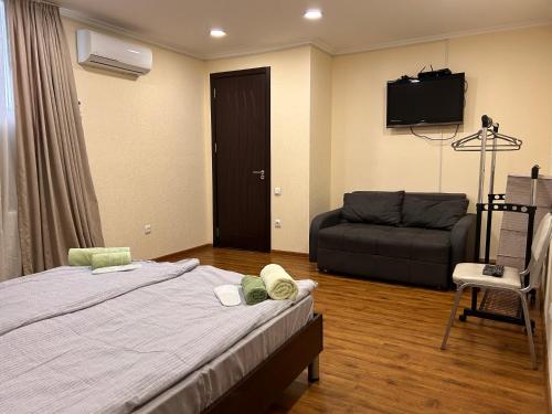 um quarto com uma cama, um sofá e uma televisão de ecrã plano em Dada - Cozy apartment in the center of Tbilisi em Tbilisi