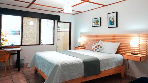 a bedroom with a bed and a desk and a window at Trebol Amarillo Bed & Breakfast in Escazu