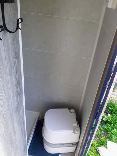 a bathroom with a toilet in the corner at Pipowagen Eldikse Blauwe in Lienden