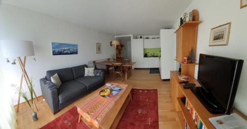 ein Wohnzimmer mit Couch und Fernseher in der Unterkunft Cucagna Wohnung 104 Willi in Disentis