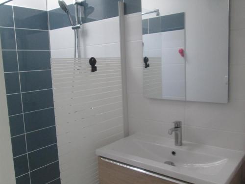 een badkamer met een wastafel en een spiegel bij TY PLAGE in Saint-Cast-le-Guildo