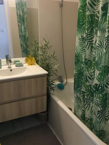 La salle de bains est pourvue d'un lavabo et d'un rideau de douche avec une plante. dans l'établissement Coquet appartement proche mer - garage, à Sète