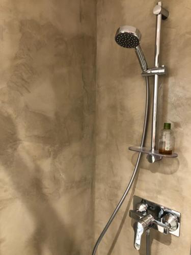 une douche avec pommeau de douche dans une salle de bain dans l'établissement TERRA Studio cosy et calme proche du centre avec parking TV et Wifi, à La Rochelle
