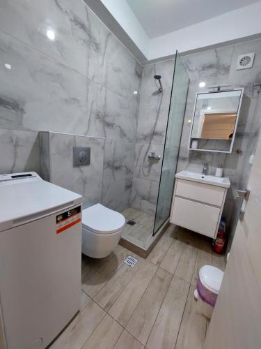 uma casa de banho com um chuveiro, um WC e um lavatório. em Ofrynio Luxury Apartments & Pool em Ofrínion