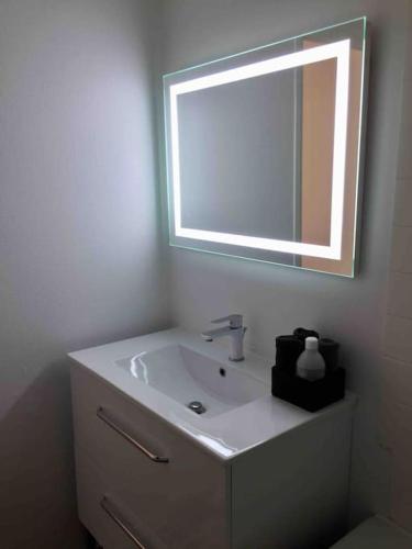 une salle de bain avec un lavabo et un miroir dans l'établissement Studio Anna centre historique Bordeaux St Pierre, à Bordeaux