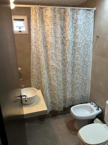 La salle de bains est pourvue de toilettes, d'un lavabo et d'un rideau de douche. dans l'établissement Temporario La Plata2, à La Plata