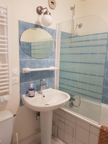 une salle de bain avec un lavabo, une douche et un miroir dans l'établissement LE PETIT MATELOT, à Honfleur