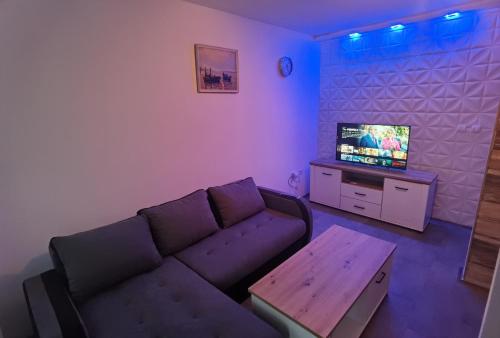 sala de estar con sofá, mesa y TV en Apartment Splendid, en Belgrado