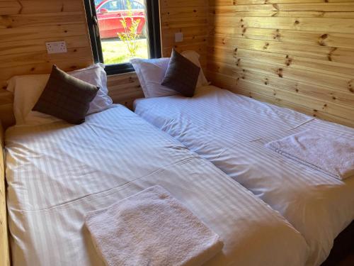 two twin beds in a room with wooden walls at Hedgehog's Nest in Bathgate