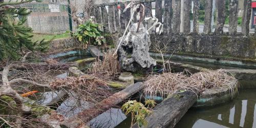 a garden with a statue in the water at Casa Barranqueiro in Vilaboa