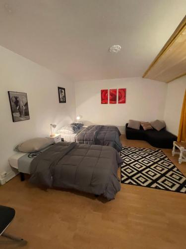 um quarto com 2 camas e um sofá em Chez Pierre em Vitry-le-François