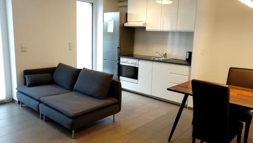 een woonkamer met een bank en een tafel in een keuken bij Apartment mit Terrasse in Abstatt in Abstatt