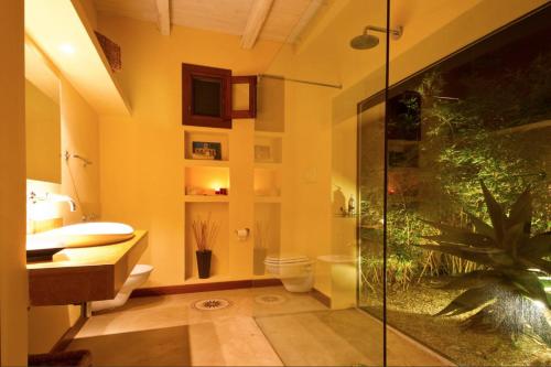 a bathroom with a shower and a toilet and a plant at Cave Garden villa in Favignana