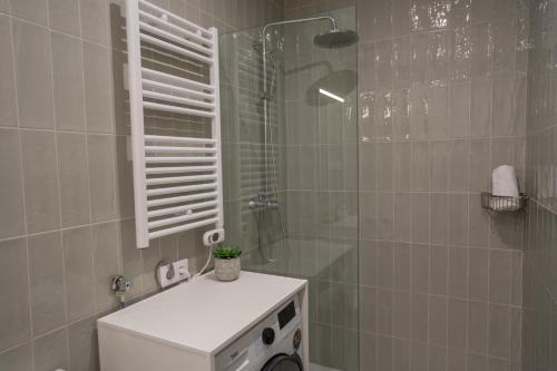 a bathroom with a shower and a washing machine at Feelathome Stadium Apartments in Hospitalet de Llobregat