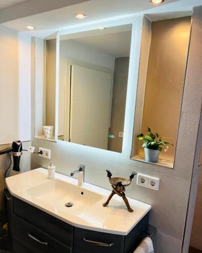 a bathroom with a sink and a large mirror at Haus SauerlandLiebe in Schmallenberg