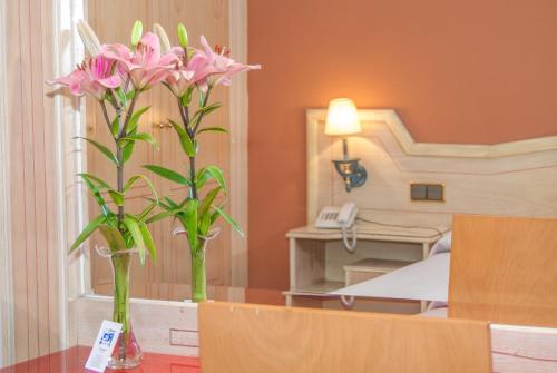 a room with two vases with pink flowers in it at Ana María in Granada