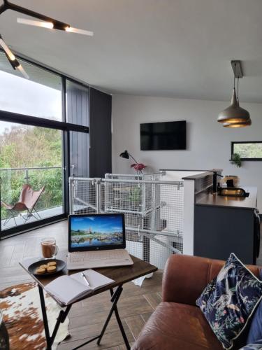a living room with a laptop computer on a table at Deer Vue in Exeter