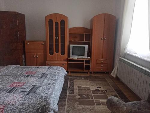 een slaapkamer met een bed, houten meubels en een televisie bij Апартаменти 15 хв від жд вокзалу in Lviv