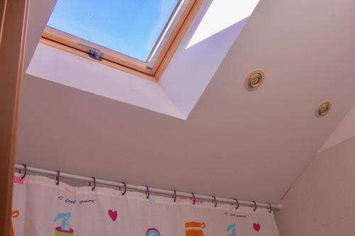 a skylight in a bathroom with a shower curtain at Apartamento Vista al Ara in Aínsa